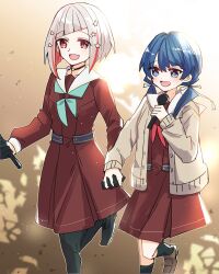 2girls :d aqua_neckerchief black_choker black_gloves black_pantyhose black_shoes black_socks blue_eyes blue_hair blue_ribbon bob_cut brown_cardigan brown_dress brown_shoes cardigan choker collarbone colored_inner_hair commentary_request diagonal_bangs dollchestra dress gloves grey_hair hair_ornament hair_ribbon hasu_no_sora_school_uniform highres holding holding_hands holding_microphone interlocked_fingers inverted_bob kanduki_kamibukuro kneehighs leg_up light_particles link!_like!_love_live! loafers long_sleeves love_live! low_twintails medium_dress microphone multicolored_hair multiple_girls murano_sayaka neckerchief o-ring o-ring_choker open_cardigan open_clothes open_mouth pantyhose pleated_dress red_eyes red_hair red_neckerchief ribbon sailor_collar sailor_dress school_uniform shoes short_hair smile socks star_(symbol) star_hair_ornament streaked_hair twintails virtual_youtuber walking white_sailor_collar winter_uniform yugiri_tsuzuri