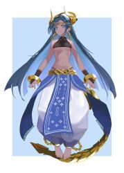1girl barefoot blue_eyes blue_hair body_markings bracelet breasts bridal_gauntlets chain crop_top dark-skinned_female dark_skin earrings full_body gohan_(gohanchang) gold gold_bracelet gold_chain gold_earrings harem_pants headdress highres horns jewelry long_hair looking_at_viewer midriff mole mole_under_eye navel original pants shendyt side-tie_peek simple_background solo standing underboob