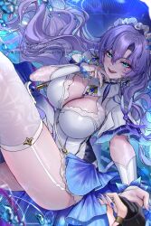 1girl absurdres blue_eyes blush breasts cantarella_(wuthering_waves) cleavage cleavage_cutout clothing_cutout dress facial_mark female_rover_(wuthering_waves) frilled_hairband frills garter_straps hairband highres holding_hands jewelry licking_lips long_hair looking_at_viewer purple_hair ring rover_(wuthering_waves) short_dress smile solo_focus thighhighs thighs tongue tongue_out water_drop white_dress white_thighhighs wuthering_waves yayoi_maka