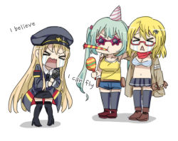 &gt;_&lt; 3girls arm_around_shoulder as_val_(girls&#039;_frontline) bikini black_legwear blonde_hair bow breasts camisole chibi commentary crying english_text girls&#039;_frontline hair_bow hair_ornament hairclip hat instrument karaoke korean_commentary large_breasts long_hair lyrics maracas micro_uzi_(dorky_sleepyhead)_(girls&#039;_frontline) micro_uzi_(girls&#039;_frontline) microphone multiple_girls music navel official_alternate_costume open_mouth party_hat party_horn short_hair sidarim simple_background singing skirt standing star-shaped_eyewear star_(symbol) stg44_(girls&#039;_frontline) striped_bikini striped_clothes swimsuit t_t triangle_mouth white_background yellow_camisole