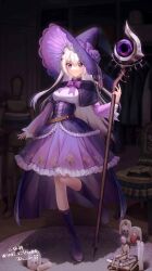 Rule 34 | 1girl, absurdres, boots, bow, breasts, candle, capelet, commentary request, commission, corset, drawing mannequin, dress, fingernails, flower, full body, hair between eyes, hat, hat flower, heart (organ), highres, holding, holding staff, knee boots, leno^a^, long hair, long sleeves, mage staff, original, purple boots, purple bow, purple capelet, purple corset, purple eyes, purple hat, skull, solo, staff, translation request, white hair, witch hat
