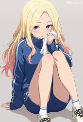 Rule 34 | 1girl, arm support, blonde hair, blue jacket, blue shorts, blush, dot nose, gakuen idolmaster, grey background, gym shorts, gyorui (katsuwo drawing), highres, holding, holding towel, idolmaster, jacket, juo sena, knees together feet apart, long hair, long sleeves, looking at viewer, multicolored hair, open mouth, pink hair, purple eyes, shoes, shorts, simple background, sitting, sneakers, socks, solo, streaked hair, sweat, towel, track jacket, turtleneck, twitter username, two-tone hair, very long hair, white socks, wiping sweat, zipper, zipper pull tab