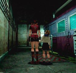 2girls 3d animated back bike_shorts blonde_hair boots brown_hair child claire_redfield game_console gloves holding_hands lowres multiple_girls polygon_jitter ponytail resident_evil resident_evil_2 school_uniform serafuku sherry_birkin shorts socks standing