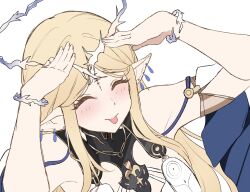 1girl :p ah_eto..._bleh_(meme) bare_shoulders black_collar blonde_hair cartethyia_(wuthering_waves) closed_eyes collar commentary crown_of_thorns earrings english_commentary facing_ahead hands_on_own_head highres jewelry long_hair meme necklace parted_bangs pointy_ears portrait reia_76 sidelocks simple_background solo tacet_mark_(wuthering_waves) tongue tongue_out white_background wuthering_waves