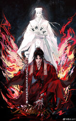2boys absurdres bamboo_print bandaged_arm bandages black_background black_hair black_nails blood blood_on_arm blood_on_clothes blood_on_face blood_on_hands blood_splatter blood_spray bloody_bandages bloody_weapon bone burning calligraphy chinese_clothes chinese_commentary closed_mouth coat colored_skin dao_gui_yi_xian fire floating folding_fan ghost hair_bun hand_fan hand_fan_writing hanfu hat hezhishanchuan highres holding holding_bone holding_fan holding_sword holding_weapon implied_yaoi jin_(headwear) li_huowang long_hair long_sleeves looking_at_viewer male_focus multiple_boys nail_polish on_one_knee open_clothes open_coat painterly paper_fan parted_lips red_coat red_eyes red_hanfu robe scroll single_hair_bun skull smile spine spine_sword sword watermark weapon weibo_watermark white_hair white_hat white_skin wide_sleeves zhouzi_jin_(headwear) zhuge_yuan