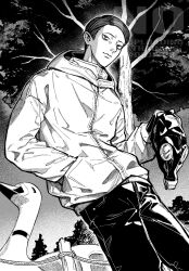 1boy closed_mouth commentary_request feet_out_of_frame fence gas_mask greyscale hand_in_pocket highres holding holding_mask hood hood_down hooded_jacket jacket long_sleeves looking_at_viewer male_focus mask monochrome ohji130 outdoors pants rope short_hair solo standing swan_boat toshi_densetsu_kaitai_center tree yamada_gasmask