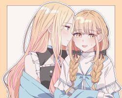 2girls black_bow black_dress blonde_hair blue_eyes blue_jacket border bow braid closed_mouth commentary dress fang fujita_kotone gakuen_idolmaster hair_bow highres idolmaster jacket juo_sena kousaka_0v0 long_hair multicolored_hair multiple_girls off_shoulder open_mouth outline pink_hair simple_background skin_fang smile snow streaked_hair sweatdrop twin_braids upper_body white_background white_dress white_outline yellow_border yellow_eyes yuri