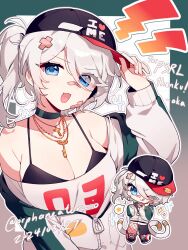 1girl artist_name bandaid bandaid_on_cheek bandaid_on_face bandaid_on_head bandaid_on_nose bare_shoulders baseball_cap black_bra black_choker black_hat blue_eyes bra breasts chibi chibi_inset choker cleavage clothes_writing collarbone commentary commission cross cross_necklace dated english_commentary english_text hair_between_eyes hair_ornament hair_over_one_eye hand_on_headwear hand_up hat highres jacket jewelry key key_necklace long_sleeves looking_at_viewer medium_breasts medium_hair multiple_views necklace off-shoulder_shirt off_shoulder one_side_up open_clothes open_jacket open_mouth original orphaneater_io partially_unzipped shirt speech_bubble spoken_star star_(symbol) underwear upper_body vgen_commission white_hair white_shirt zipper zipper_pull_tab