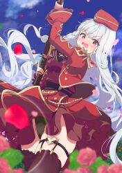 1girl absurdres antique_firearm black_leotard black_thighhighs blue_sky blush braid breasts cameltoe cloud commission day dress epaulettes falling_petals firearm flower grey_hair gun hat heart heart_o-ring highres holding holding_gun holding_weapon jacket juliet_sleeves leotard leotard_under_clothes long_hair long_sleeves looking_at_viewer medium_breasts military_hat military_uniform o-ring open_mouth original outdoors panties petals pink_flower puffy_sleeves rainbow red_dress red_eyes red_jacket rifle rose shiro9jira skeb_commission skirt sky solo thigh_strap thighhighs underwear very_long_hair weapon white_hair