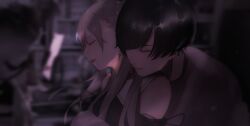 Rule 34 | 1boy, 1girl, absurdres, bare shoulders, black hair, blonde hair, blurry, blurry background, closed eyes, couple, cross, cross earrings, earrings, eyelashes, from side, grey sweater, head on another&#039;s shoulder, hetero, highres, hug, hug from behind, jewelry, latin cross, lipstick, long hair, makeup, mano aaa, mole, mole under mouth, original, red lips, short hair, sweater, swept bangs, upper body