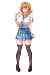 Rule 34 | 1girl, absurdres, black pantyhose, black shoes, black thighhighs, blonde hair, blue necktie, blue skirt, blush, breasts, candy, chupa chups, closed mouth, commentary request, diagonal-striped clothes, diagonal-striped necktie, food, full body, gyaru, highres, holding, holding candy, holding food, large breasts, loafers, lollipop, mole, mole under mouth, necktie, nori chazuke, original, pantyhose, plaid clothes, plaid skirt, school uniform, shoes, short sleeves, simple background, skirt, smile, solo, standing, striped clothes, thighhighs, thighs, variant set, white background