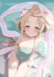 1girl andira_(granblue_fantasy) andira_(summer)_(granblue_fantasy) animal_ears arm_up armpits bare_shoulders blonde_hair blush breasts brown_eyes casual_one-piece_swimsuit closed_mouth clothes_pull collarbone covered_navel double_bun erune forehead from_above granblue_fantasy green_one-piece_swimsuit hair_bun half-closed_eyes highres jewelry kimblee licking_lips looking_at_viewer looking_up monkey_ears monkey_girl monkey_tail official_alternate_costume official_alternate_hairstyle one-piece_swimsuit one-piece_swimsuit_pull see-through_clothes see-through_sleeves sitting small_breasts smile solo swimsuit tail thighlet tongue tongue_out wet
