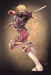 Rule 34 | 1boy, ahoge, armor, armored boots, artist request, black armor, black shirt, black sleeves, blonde hair, boots, brown eyes, brown gloves, brown pants, dated, final fantasy, final fantasy tactics, full body, gloves, holding, holding sword, holding weapon, knee armor, knee pads, leg up, looking at viewer, non-web source, pants, ramza beoulve, shirt, shoulder armor, shoulder pads, shoulder spikes, simple background, solo, spikes, sword, weapon