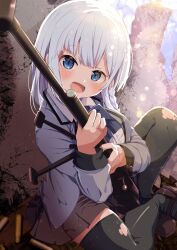 Rule 34 | 1girl, :d, absurdres, anti-materiel rifle, black thighhighs, blue bow, blue eyes, blush, bow, braid, brown shoes, brown skirt, bullet, collared shirt, commission, fang, grey jacket, gun, head tilt, highres, holding, holding gun, holding weapon, jacket, loafers, long hair, long sleeves, looking at viewer, open mouth, original, outdoors, pleated skirt, rifle, school uniform, shell casing, shiro9jira, shirt, shoes, sitting, skeb commission, skin fang, skirt, smile, sniper rifle, solo, thighhighs, torn clothes, torn thighhighs, weapon, white hair, white shirt