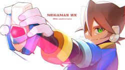 Rule 34 | 1boy, absurdres, anniversary, biometal, blue jacket, brown hair, copyright name, english text, glint, glowing, green eyes, henshin pose, highres, holding, jacket, light trail, mega man (series), mega man zx, model x (mega man), partially shaded face, robot ears, sasaki (ssk8083), simple background, smirk, solo focus, upper body, vent (mega man), white background
