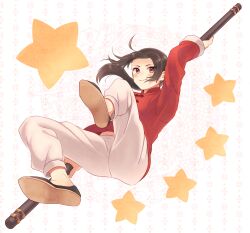 1boy arm_up axis_powers_hetalia baggy_pants black_shoes blush brown_eyes brown_hair china_(hetalia) chinese_clothes closed_mouth commentary_request floating_hair flower_knot full_body holding long_hair long_sleeves looking_at_viewer low_ponytail male_focus mandarin_collar pants ponytail red_shirt shirt shoes sidelocks smile solo star_(symbol) star_symbol_background tamaki_(q_tamaki) white_background white_pants