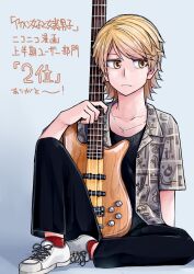 1girl absurdres blonde_hair closed_mouth crossdressing electric_guitar expressionless guitar highres holding holding_instrument ikemen_joshi_to_josou_danshi instrument jewelry looking_to_the_side necklace pants plectrum reverse_trap rindou_hazuki shirt shoes short_hair sitting sneakers solo tadd_(tatd)