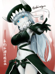Rule 34 | 1girl, abyssal ship, akino shuu, bikini, black bikini, black gloves, black hat, blue eyes, breasts, character request, gloves, grey hair, hat, kantai collection, large breasts, long hair, long sleeves, looking at viewer, navel, outstretched arm, pale skin, puffy long sleeves, puffy sleeves, sideboob, solo, swimsuit, translation request, twitter username, very long hair