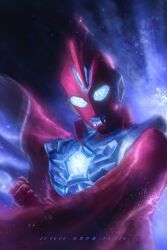 1boy absurdres alien armor artist_name backlighting black_background blue_eyes breastplate cape chinese_commentary chinese_text clenched_hand color_timer colored_skin commentary compound_eyes dark_background dated dorsal_fin english_text eye_slugger film_grain floating_cape glowing glowing_eyes head_down highres kaizen_(mark1951) light_particles looking_down male_focus mixed-language_text multicolored_skin red_cape red_skin silver_skin solo standing tokusatsu toned toned_male two-tone_skin ultra_series ultraman_omega ultraman_omega_(series) upper_body