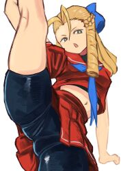1girl ass bike_shorts blonde_hair capcom drill_hair hair_ribbon holding_own_leg kanzuki_karin leg_lift leg_up legs_apart midriff navel ribbon school_uniform solo street_fighter thighs tikuwabu upskirt