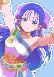 1girl absurdres arms_up belt blue_background blue_belt blue_dress blue_eyes blue_hair bow bracelet commentary_request dragon_quest dragon_quest_v dress earrings flora_(dq5) gem gold_bracelet gold_choker gold_earrings gold_trim green_gemstone hair_bow hair_pulled_back highres jewelry long_hair looking_at_viewer multicolored_dress namiki_jugo pink_dress purple_bow purple_gemstone reaching reaching_towards_viewer red_dress single_strap smile solo upper_body white_dress