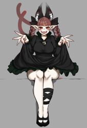 Rule 34 | 1girl, animal ear fluff, animal ears, black bow, black dress, black shoes, blunt bangs, bow, braid, cat ears, clothes lift, dress, extra ears, fangs, fingernails, frilled dress, frills, full body, grey background, hair bow, highres, kaenbyou rin, leg ribbon, long fingernails, long sleeves, mary janes, multiple hair bows, multiple tails, nekomata, open mouth, pointy ears, red eyes, red hair, ribbon, sharp fingernails, shoes, signature, sitting, skirt, skirt lift, solo, tail, tenkatorouze, touhou, twin braids, two tails