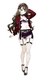 1girl absurdres belt black_choker black_thighhighs breasts brown_hair choker crop_top fishnet_thighhighs fishnets garter_straps grey_eyes high_heels highres jacket long_hair looking_at_viewer miniskirt moonsorrow navel open_mouth original red_jacket shorts side_slit skindentation skirt small_breasts solo standing stomach tachi-e thigh_gap thighhighs very_long_hair white_background zettai_ryouiki