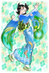 1girl absurdres animal_print black_hair blue_kimono dragon dragon_print eastern_dragon fish_print full_body green_sash hair_ornament hairclip heart highres japanese_clothes kimono obi okobo open_mouth original platform_sandals print_kimono sandals sash shirokuro_jakko short_hair socks solo speech_bubble spoken_heart standing standing_on_one_leg tabi white_socks wide_sleeves