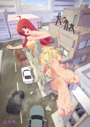 1girl 3boys absurdres aged_up ahoge alternate_breast_size barefoot building car city crossed_legs daviddong destruction dress foot_focus foreshortening from_behind giant giantess highres long_hair looking_back lying motor_vehicle multiple_boys on_stomach outdoors red_eyes red_hair shakugan_no_shana shana sky soles toes yellow_dress