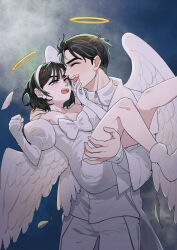 1boy 1girl absurdres alien_stage angel_wings anger_vein black_hair bow carrying carrying_person chinese_commentary closed_eyes coat commentary dress dress_bow earrings elbow_gloves fang feathered_wings gloves hairband halo highres ivan_(alien_stage) jewelry juliet_sleeves long_sleeves one_eye_closed open_mouth pants puffy_sleeves purple_eyes pushing_away pushing_face shirt shoes short_hair sphere_earrings sua_(alien_stage) traditional_halo tuxiaoning_not very_short_hair white_bow white_coat white_dress white_gloves white_hairband white_pants white_shirt white_shoes white_wings wings