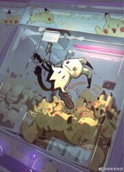 @_@ character_doll character_name character_print commentary crane_(machine) dutch_angle english_commentary film_grain gen_1_pokemon gen_7_pokemon glitch highres indoors mimikyu nintendo no_humans pikachu pokemon pokemon_(creature) robinlovesop too_many_dolls watermark weibo_watermark