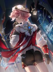 1boy ass beret bike_shorts black_shorts dahlia_(genshin_impact) from_behind genshin_impact gloves hat highres pink_hair purple_eyes scarf short_hair short_shorts shorts solo trap yurieth