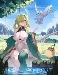 1girl absurdres azur_lane bare_shoulders bird blue_sky breasts butterfly_hair_ornament cleavage de_zeven_provincien_(azur_lane) elf green_eyes green_hair hair_intakes hair_ornament hair_over_one_eye highres kafeifeifeifeifeifei_jiemo_jun large_breasts long_hair manjuu_(azur_lane) navel outdoors pointy_ears sky smile soaking_feet solo umbrella