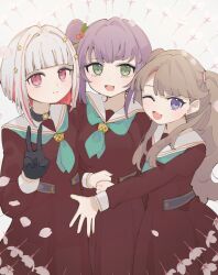 3girls :d ;d absurdres aqua_neckerchief black_choker blunt_bangs blush breasts brown_dress brown_hair check_commentary choker closed_mouth colored_inner_hair commentary_request cowboy_shot dress floral_background flower fujishima_megumi hair_bun hair_flower hair_intakes hair_ornament hasu_no_sora_school_uniform highres link!_like!_love_live! long_hair long_sleeves looking_at_viewer love_live! medium_breasts multicolored_hair multiple_girls nagisa_iori neckerchief o-ring o-ring_choker one_eye_closed open_mouth otomune_kozue pleated_dress purple_eyes purple_hair red_flower red_hair sailor_collar sailor_dress school_uniform short_hair side_ponytail single_side_bun smile split_mouth streaked_hair two_side_up v virtual_youtuber white_background white_flower white_hair white_sailor_collar winter_uniform yugiri_tsuzuri