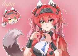 1girl armor black_bow bow breastplate breasts character_name chinese_commentary collar commentary_request earrings flying_sweatdrops hair_bow hairband heart heart_hands jewelry large_breasts light_blush long_hair looking_at_viewer lupa_(wuthering_waves) metal_collar metal_hairband pink_background pink_hair red_hair red_sash sash solo tail twintails upper_body wolf_tail wuthering_waves wuye_z yellow_eyes