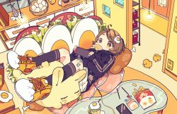 1girl ahoge bandaid bandaid_on_knee bandaid_on_leg bird black_jacket black_socks blush_stickers brown_eyes brown_hair carrot chick chips_(food) commentary couch cup egg egg_(food) egg_hair_ornament food food-themed_hair_ornament food_in_mouth full_body hair_ornament handheld_game_console highres holding holding_handheld_game_console indoors jacket kneehighs lettuce long_sleeves lying notamaru_2 on_back original popsicle potato_chips rabbit shoes short_hair shorts sleeves_past_wrists socks solo tomato white_shorts yellow_shoes