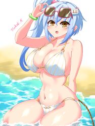 Rule 34 | 1girl, artist name, beach, bikini, blue hair, bombergirl, breasts, brown eyes, cleavage, eyewear on head, highres, horounendo, large breasts, navel, o-ring, o-ring top, shiro (bombergirl), side ponytail, solo, striped bikini, striped clothes, sunglasses, swimsuit, white bikini