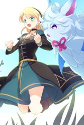 1girl animal black_dress blonde_hair blue_sky blush boots breasts choker dress echo_(circa) fate/grand_order fate_(series) fou_(fate) gerda_(fate) grass green_dress green_eyes knee_boots long_hair long_sleeves open_mouth sky small_breasts smile two-tone_dress