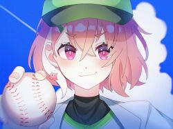 1girl ball baseball baseball_cap black_undershirt blue_sky cloud earrings fang floating_earrings green_hat hakuu919 hat highres holding holding_ball jacket jewelry nijisanji pink_eyes pink_hair sasaki_saku short_hair skin_fang sky solo virtual_youtuber white_jacket