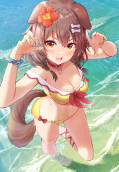 1girl :d absurdres adapted_costume animal_ears aoto_mei barefoot beach bikini blush bone_hair_ornament braid breasts brown_eyes brown_hair claw_pose cleavage collar collarbone commentary day dog_ears dog_girl dog_tail flower from_above hair_between_eyes hair_ornament hands_up hibiscus highres hololive inugami_korone inugami_korone_(1st_costume) large_breasts long_hair looking_at_viewer nail_polish navel ocean open_mouth outdoors red_collar scrunchie smile solo standing standing_on_one_leg swimsuit tail twin_braids v-shaped_eyebrows virtual_youtuber wading water wrist_scrunchie yellow_nails