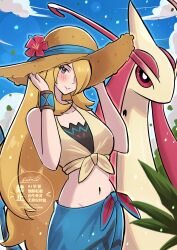 1girl absurdres backsine blonde_hair blue_sarong blush bracelet brown_hat closed_mouth cloud commentary cynthia_(pokemon) cynthia_(summer_2025)_(pokemon) day eyelashes flower gen_3_pokemon grey_eyes hair_over_one_eye hands_up hat hat_flower highres jewelry long_hair midriff milotic navel nintendo official_alternate_costume outdoors pokemon pokemon_(creature) pokemon_masters_ex sarong shirt sky smile tied_shirt watermark yellow_shirt