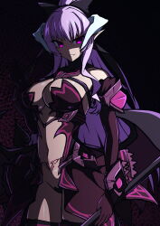 Rule 34 | 1girl, absurdres, aoi tabane, black bow, bow, breasts, cleavage, corruption, dark persona, demon girl, demon horns, demon tail, demon wings, elbow gloves, evil smile, gloves, glowing, glowing eyes, grin, hair bow, highres, holding, horns, kouyoku senki exs-tia, large breasts, lilistia, long hair, looking at viewer, low wings, navel, pointy ears, ponytail, pubic tattoo, purple eyes, purple hair, revealing clothes, ribbon, rieszverne suzette paladill, shaded face, smile, solo, stomach tattoo, tail, tattoo, thighhighs, very long hair, weapon, wings