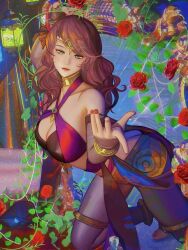 1girl ass bare_shoulders bracelet breasts bridal_gauntlets bridal_legwear brown_hair butt_crack circlet cleavage closed_mouth criss-cross_halter dancer dorothea_arnault dorothea_arnault_(plegian) fire_emblem fire_emblem:_three_houses fire_emblem_heroes flower gold_collar gold_thighlet green_eyes hair_ornament halterneck harem_outfit highres irisl jewelry large_breasts long_hair looking_at_viewer nintendo official_alternate_costume pantyhose pelvic_curtain pointing pointing_at_viewer red_flower red_nails red_rose rose solo thigh_ring thighlet