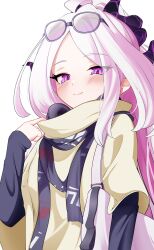 1girl absurdres ahoge blue_archive blush demon_girl demon_horns eyewear_on_head headphones highres hina_(blue_archive) horns long_hair looking_at_viewer purple_eyes simple_background solo tagme translation_request user_exau5384 white_background white_hair