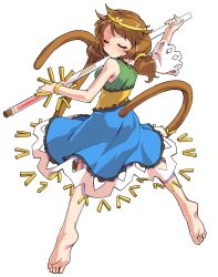 1girl alphes_(style) barefoot blue_dress breasts brown_hair circlet closed_eyes closed_mouth commentary_request dairi detached_sleeves dress facing_viewer from_behind full_body green_dress large_variant_set long_hair low_twintails medium_breasts monkey_tail multicolored_dress parody single_detached_sleeve soles solo son_biten style_parody sweatdrop tachi-e tail test_tube touhou transparent_background twintails v-shaped_eyebrows variant_set white_sleeves yellow_dress