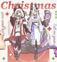 2girls arknights black_pantyhose blonde_hair blush box capelet christmas commentary_request dragon_girl dragon_horns dragon_tail english_text fire flame-tipped_tail full_body fur-trimmed_capelet fur_trim gift gift_box hair_over_one_eye highres holding holding_box hood hood_up hooded_capelet horns korean_commentary long_hair multiple_girls multiple_horns necrass_(arknights) pantyhose ppxdq red_capelet reed_(arknights) santa_costume siblings sisters tail white_fur white_hair