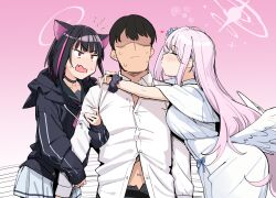 1boy 2girls angel_wings animal_ears arm_hug arms_around_neck black_choker black_hair black_hoodie blue_archive blunt_bangs blush bob_cut breasts cat_ears choker closed_eyes collarbone collared_shirt commentary_request dress faceless faceless_male girl_sandwich gradient_background halo heart highres hood hood_down hoodie imminent_kiss kazusa_(blue_archive) long_hair medium_breasts mika_(blue_archive) multicolored_hair multiple_girls navel open_mouth pink_hair red_eyes sandwiched sensei_(blue_archive) shirt short_hair skirt streaked_hair sweat uno_ryoku v-shaped_eyebrows very_long_hair white_dress white_shirt white_skirt white_wings wings