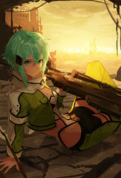 1girl anti-materiel_rifle arm_support black_shorts bolt_action breasts cleavage closed_mouth clothing_cutout cropped_jacket green_eyes green_hair green_jacket green_pants gun hair_between_eyes hair_ornament hairclip holding holding_gun holding_weapon jacket looking_at_viewer medium_breasts multicolored_jacket nasubin_(nasubisamurai15) pants pgm_hecate_ii rifle scarf short_hair short_shorts shorts sinon sitting sniper_rifle solo sword_art_online two-tone_jacket wasteland weapon white_jacket white_scarf