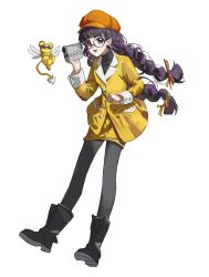 Rule 34 | black boots, black hair, black pantyhose, boots, braid, camera, cardcaptor sakura, commentary, daidouji tomoyo, forever9 (user jwem4753), full body, glasses, hat, holding, holding camera, jacket, kero (cardcaptor sakura), long hair, looking at viewer, open mouth, orange hat, pantyhose, purple eyes, round eyewear, shoe soles, simple background, skirt, sunglasses, twin braids, yellow jacket, yellow skirt