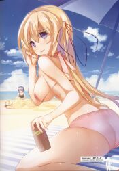 1girl 3girls arimura_hinae ass beach beach_umbrella bikini blonde_hair blue_sky blush breasts chaos;child choker cloud cloudy_sky day embarrassed from_behind hair_between_eyes hair_ribbon hand_in_own_hair headphones highres holding holding_sunscreen kazuki_hana kokemomo_ueno kurusu_nono large_breasts long_hair looking_at_viewer looking_back lotion lying magazine_scan multiple_girls ocean official_art on_back open_mouth outdoors partially_buried pink_ribbon purple_eyes red_ribbon ribbon ribbon_choker sand scan shiny_eyes shiny_skin sitting sky smile solo string_bikini sunscreen swimsuit thick_thighs thighs umbrella wariza